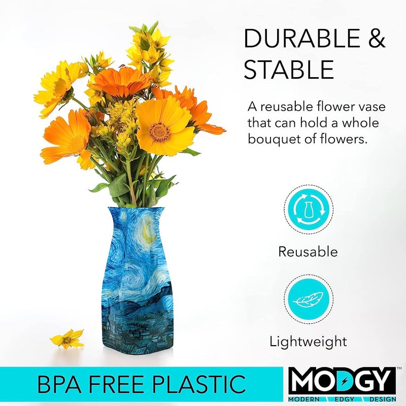 MODGY Collapsible and Expandable Plastic Flower Vase, Unbreakable, Foldable, Decorative Modern Centerpieces, Table Decorations, Van Gogh Starry Night, 1 Pack - Image 3